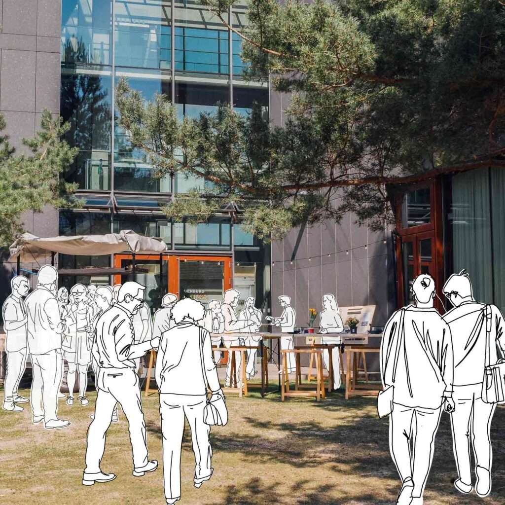 Menschen stehen vor einem Gebäude.