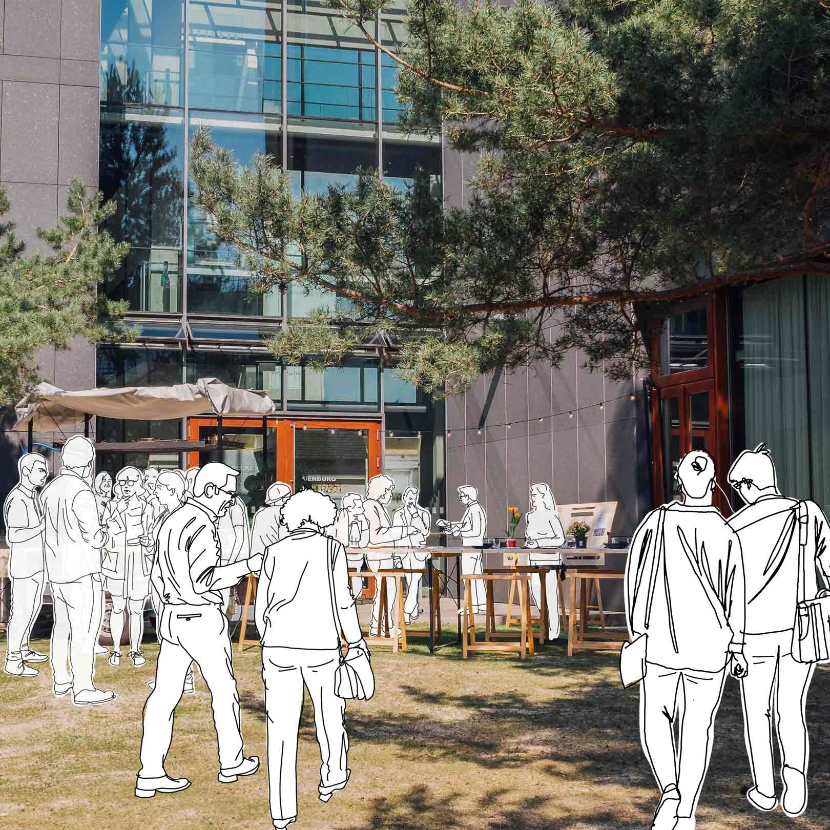 Menschen stehen vor einem Gebäude.