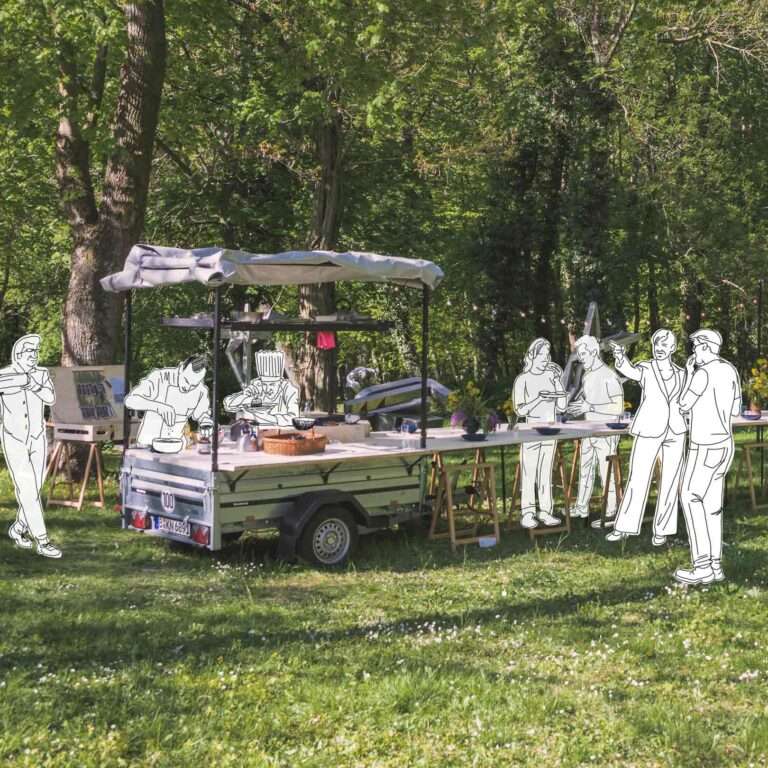 Menschen kochen im Freien zusammen.