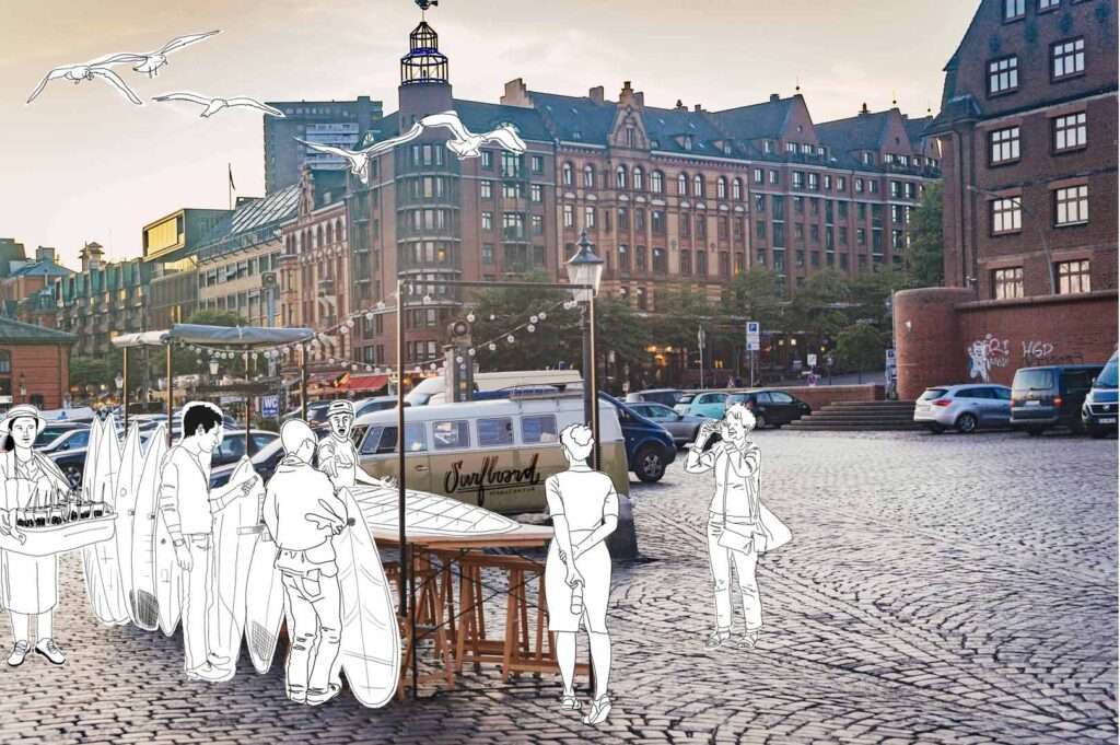 Menschen auf einem Platz mit Surfbrettern.