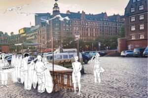 Menschen auf einem Platz mit Surfbrettern.