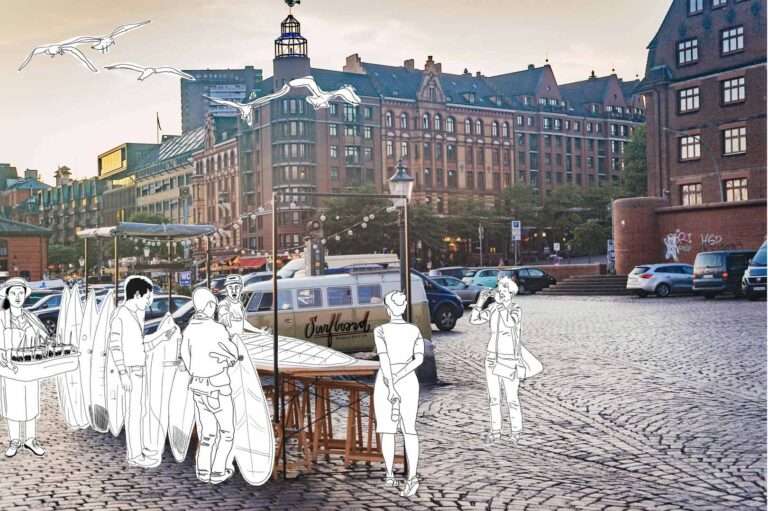 Menschen auf einem Platz mit Surfbrettern.