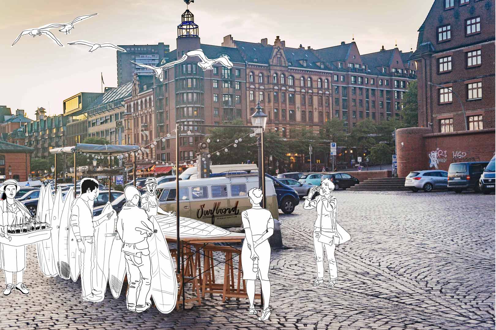 Menschen auf einem Platz mit Surfbrettern.