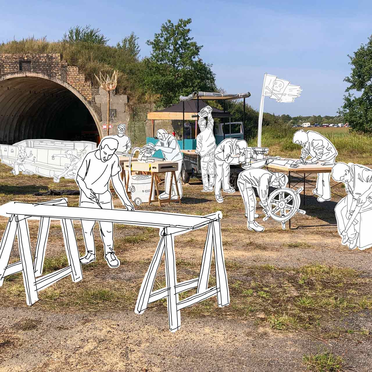 Menschen arbeiten im Freien.
