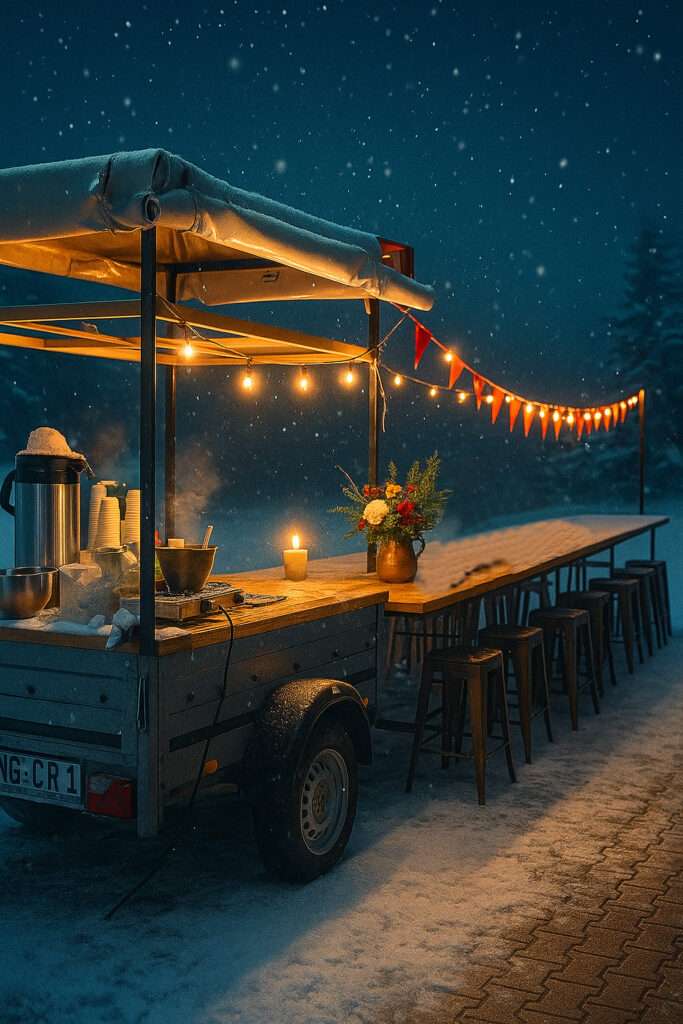 Das LIVIN’ROLL-Glühweinmobil im Schnee (KI generiert)