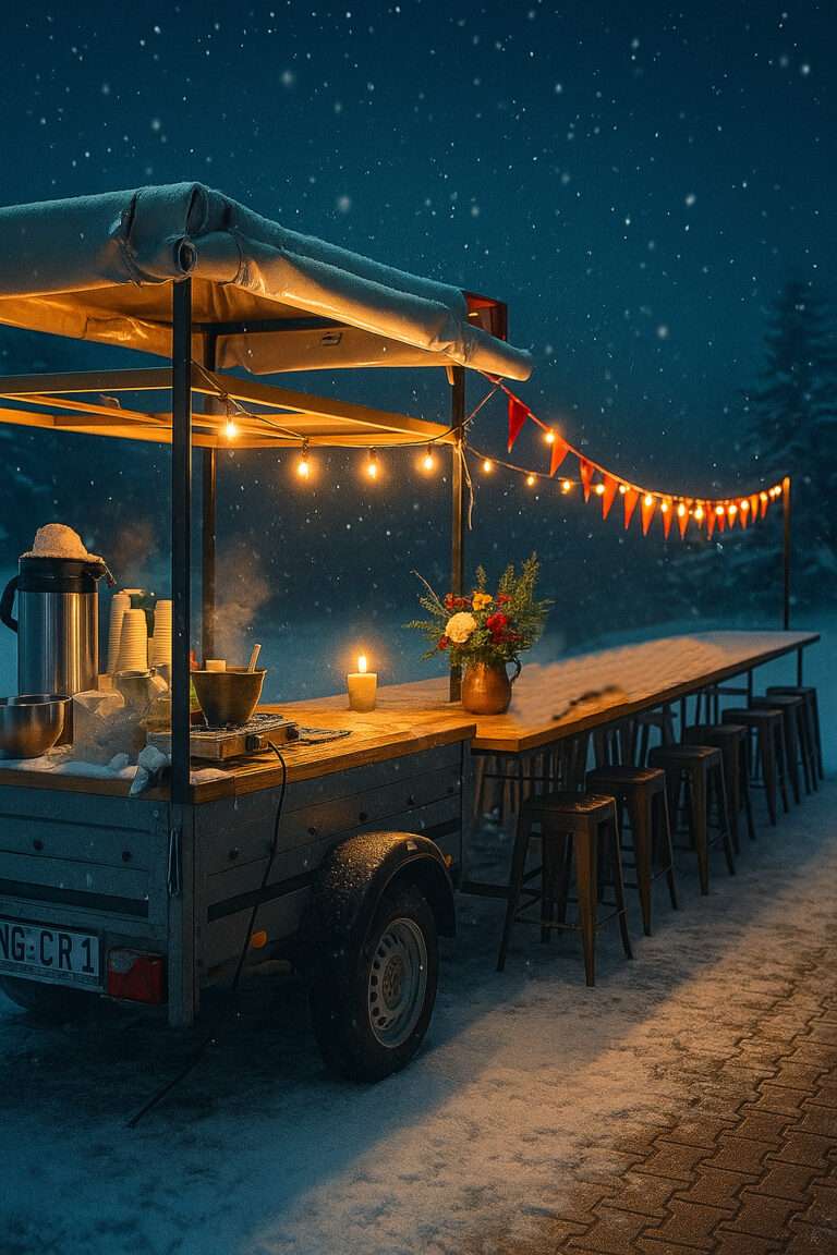 Das LIVIN’ROLL-Glühweinmobil im Schnee (KI generiert)